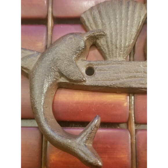Vintage Cast Iron Mermaid & Dolphins Coat Rack 3 Hooks 8.5"x6" - Picture 3 of 5